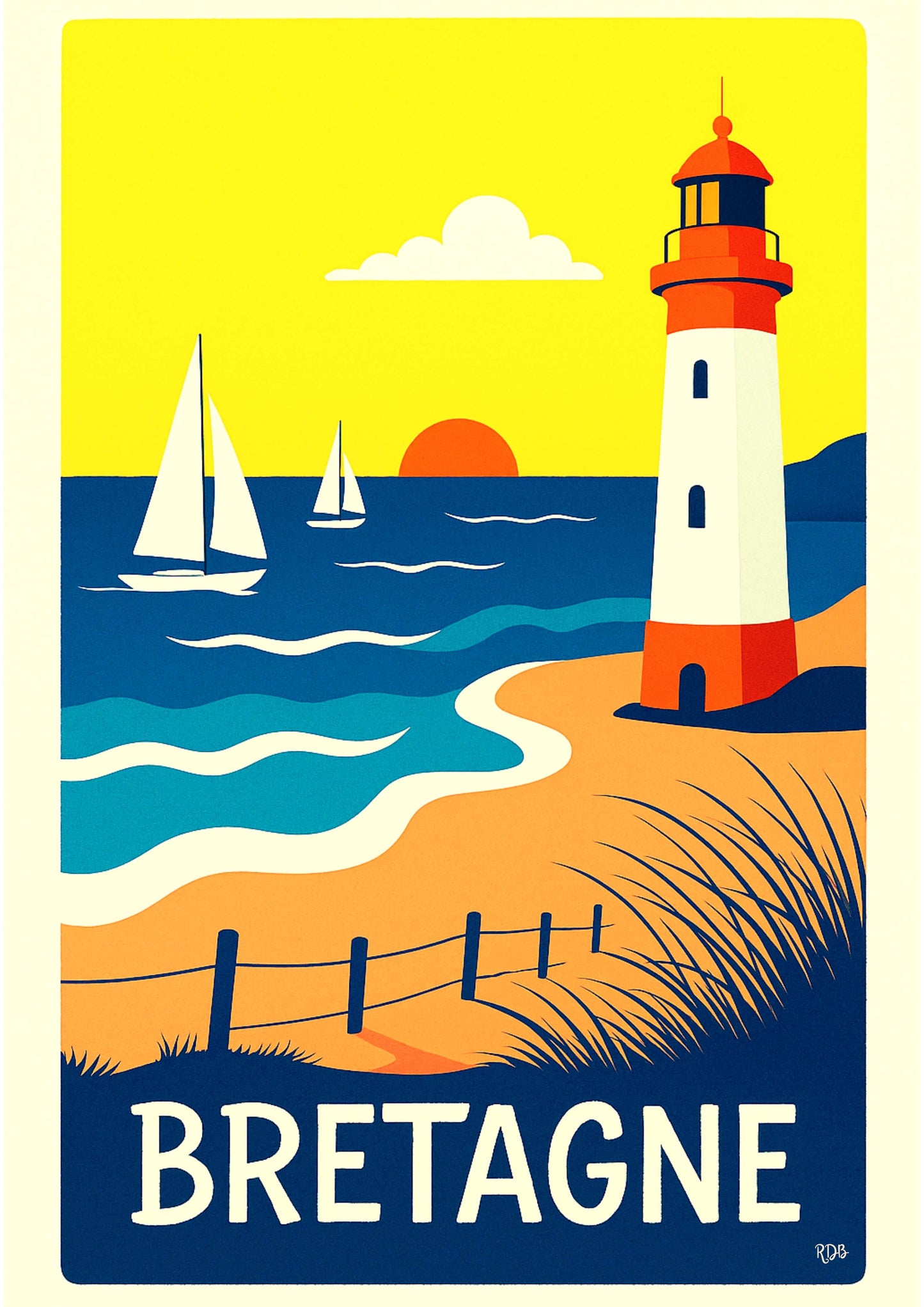 Affiche Bretagne Phare & Voiliers – Style Vintage (59,4 x 42 cm) – Téléchargement numérique