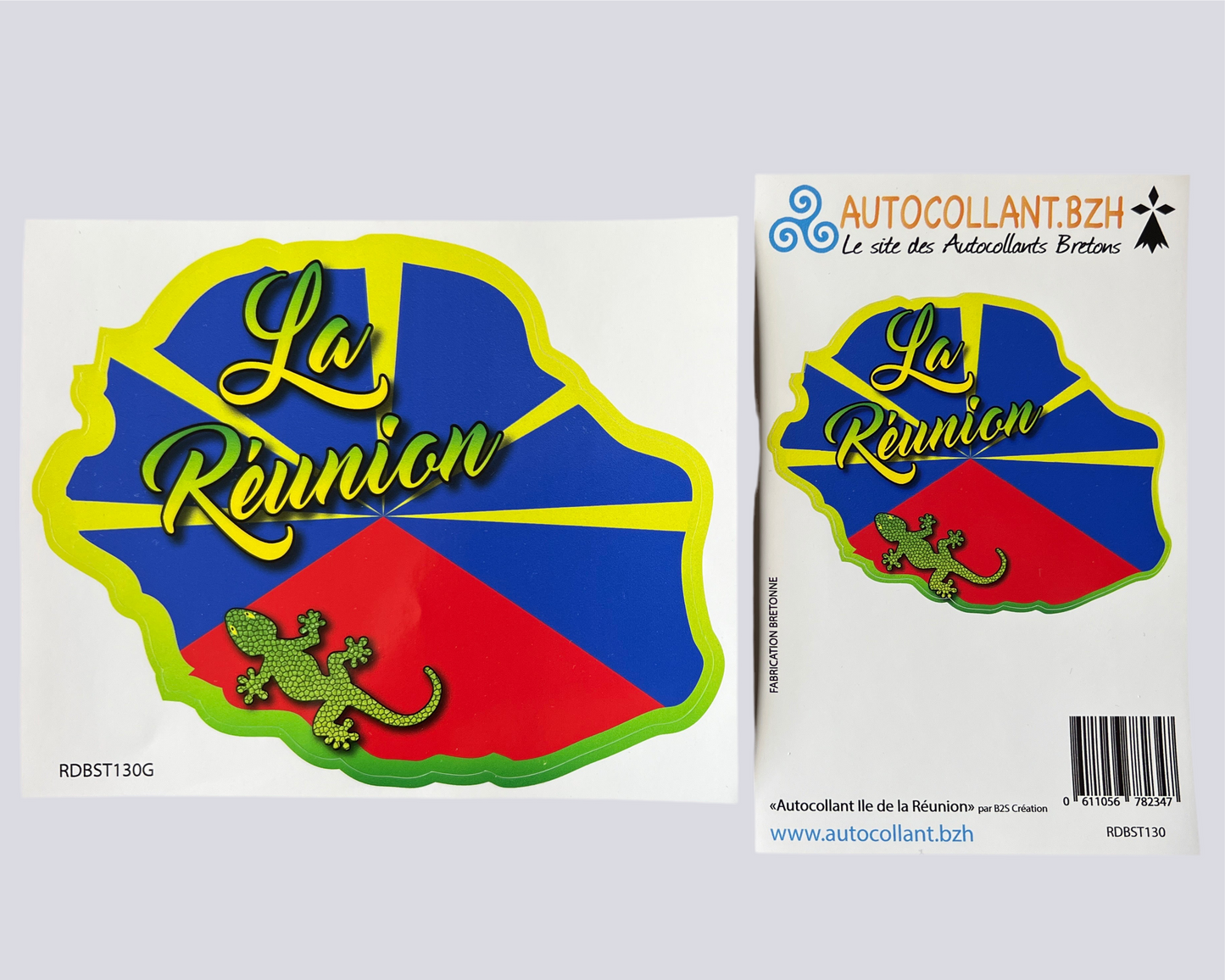 Pre-cut sticker with the Map of Reunion, its Flag and its Margouillat