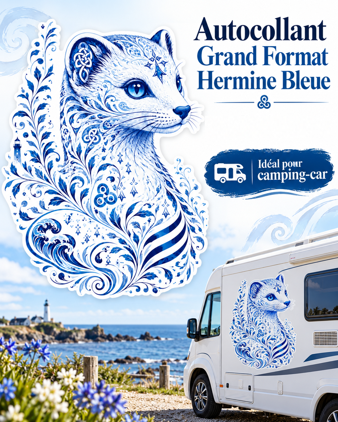 Autocollant Hermine Bleue Grand Format | Livraison offerte