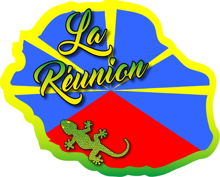 Pre-cut sticker with the Map of Reunion, its Flag and its Margouillat