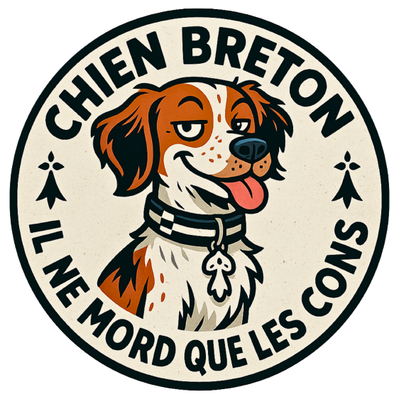 Autocollant rond "Chien Breton – Il ne mord que les cons"