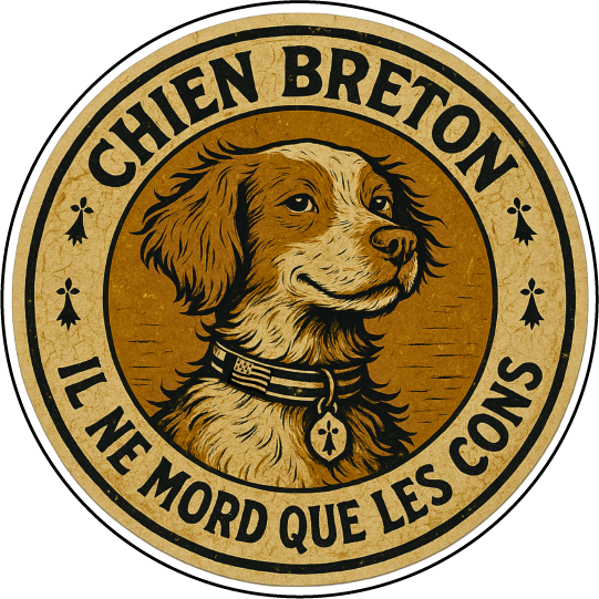Autocollant rond "Chien Breton – Il ne mord que les cons" (Version Vintage)