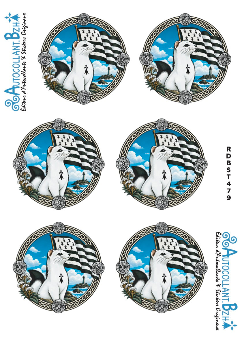 Planche de 6 autocollants bretons Hermine des Côtes Bretonnes – 6 × 6 cm