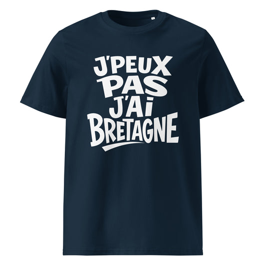 T-shirt breton « J’peux pas, j’ai Bretagne » à typographie décalée, design graphique texte-only, coton biologique french navy