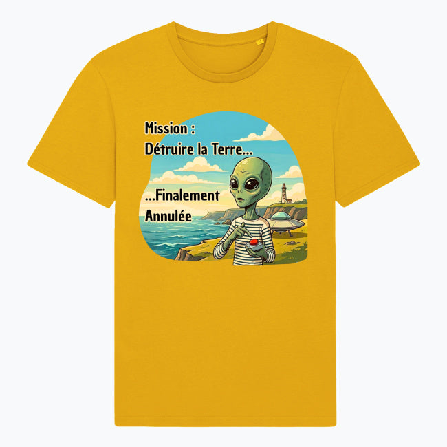 T-shirt jaune en coton bio Humour Bretagne – Mission Détruire La Terre