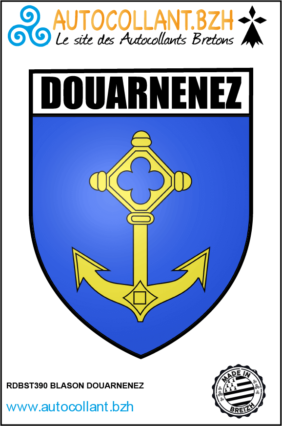 Autocollant représentant le blason de Douarnenez avec une ancre dorée et une croix de Malte sur fond bleu, fabriqué en Bretagne, dimensions 8x10 cm, en vinyle de qualité.
