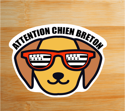 Autocollant Attention Chien Breton - lunettes et drapeau breton - 10x7,6 cm - Autocollant BZH