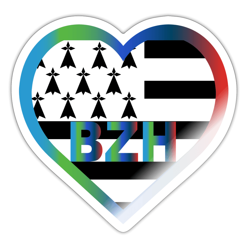 Autocollant Cœur Drapeau Breton avec la couleur des 5 Départements (Blanc Brillant, Blanc Transparent) - Autocollant BZH