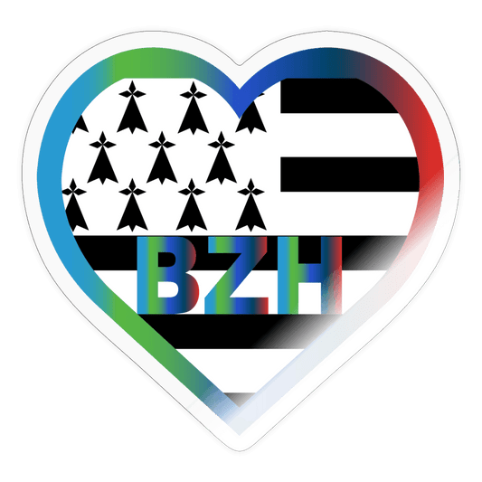 Autocollant Cœur Drapeau Breton avec la couleur des 5 Départements (Blanc Brillant, Blanc Transparent) - Autocollant BZH