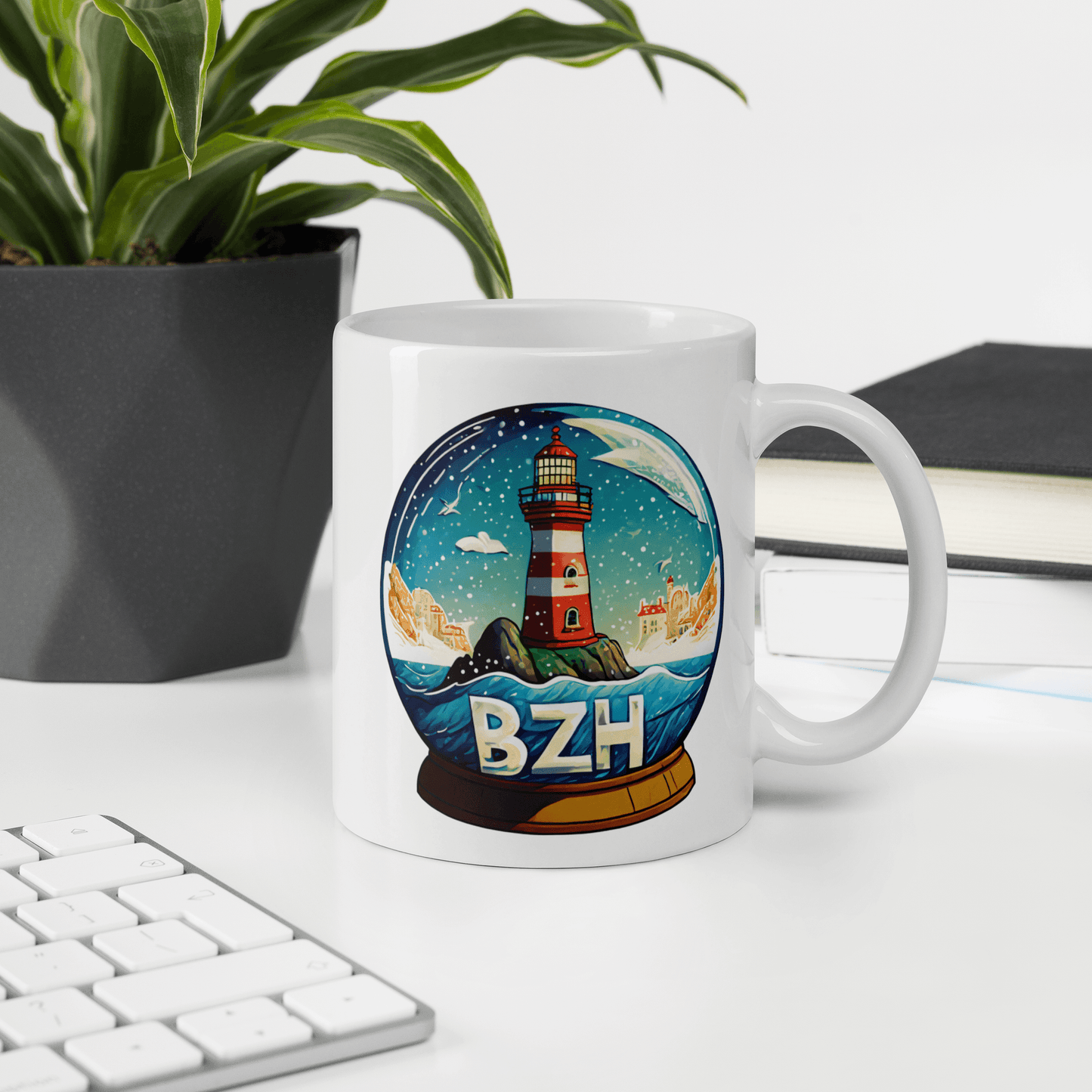 Mug Blanc Brillant Boule à Neige BZH - Autocollant BZH