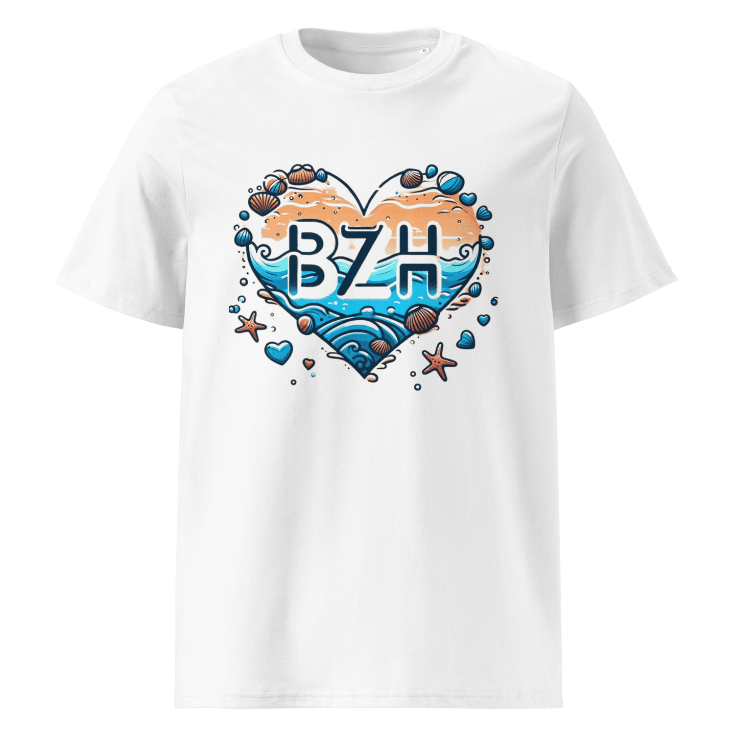 T-shirt BZH Coeur Sable et Coquillages - Un Été en Bretagne - Autocollant BZH