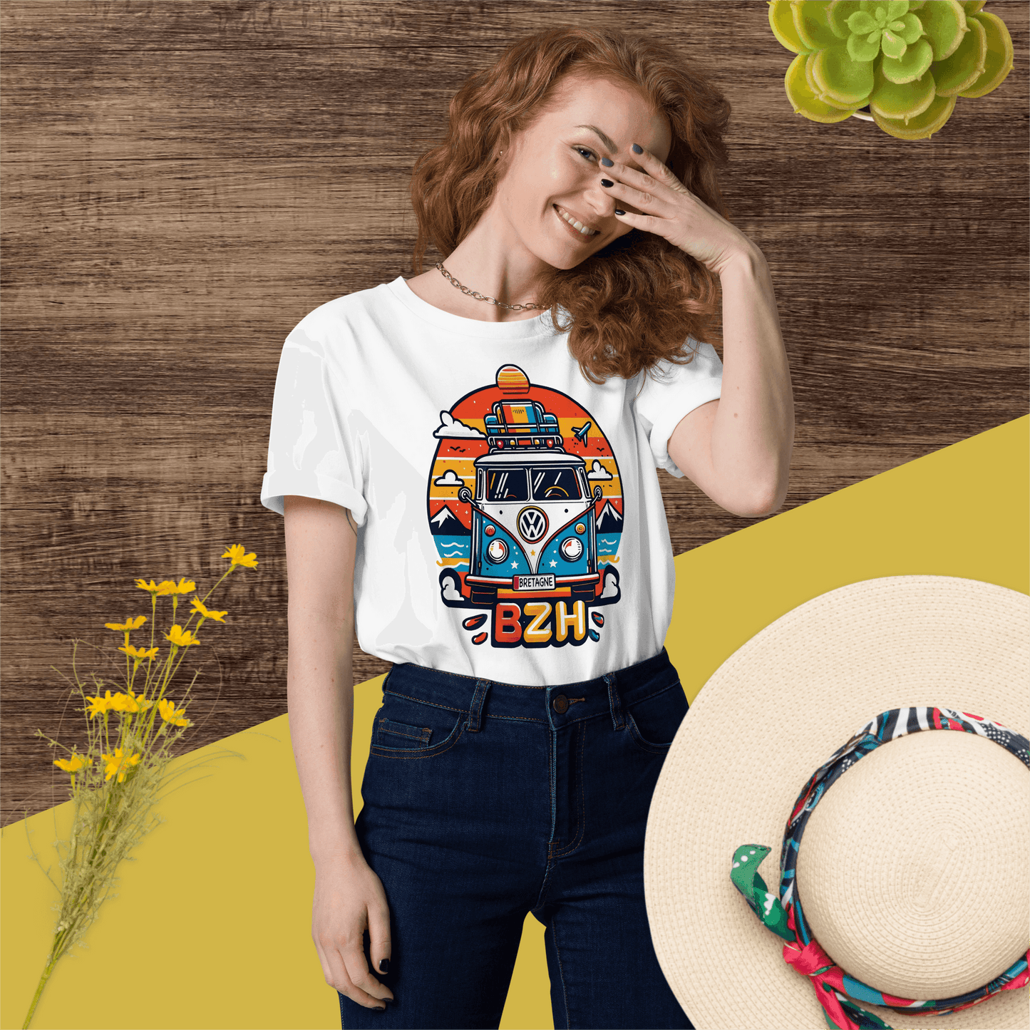 Tee-shirt Bio Unisexe Combi VW BZH Bretagne (Expédition Gratuite) - Autocollant BZH