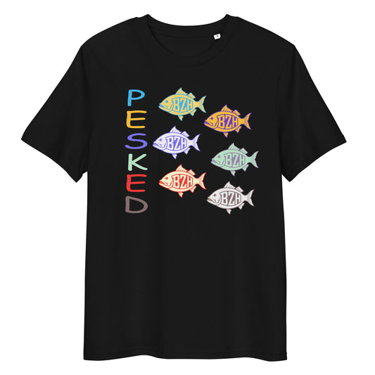 T-shirt noir breton Pesked avec poissons BZH colorés en coton bio