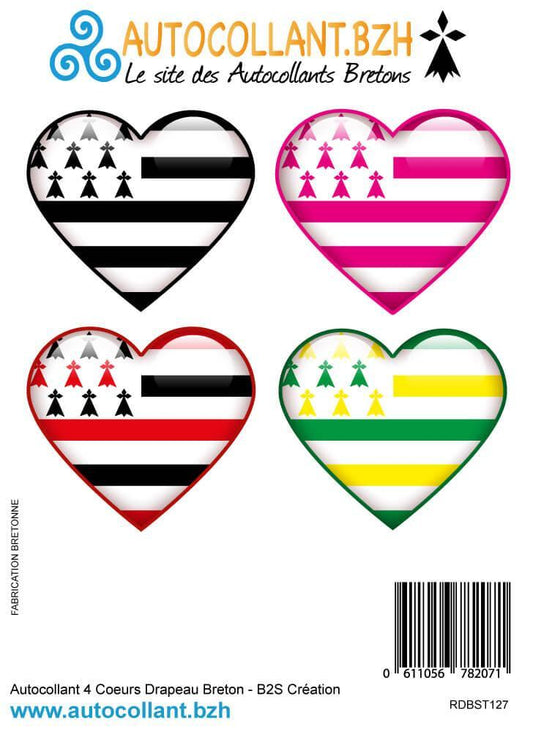 Autocollant 4 Coeurs Drapeau Breton Noir & Blanc et Couleurs - Autocollant BZH
