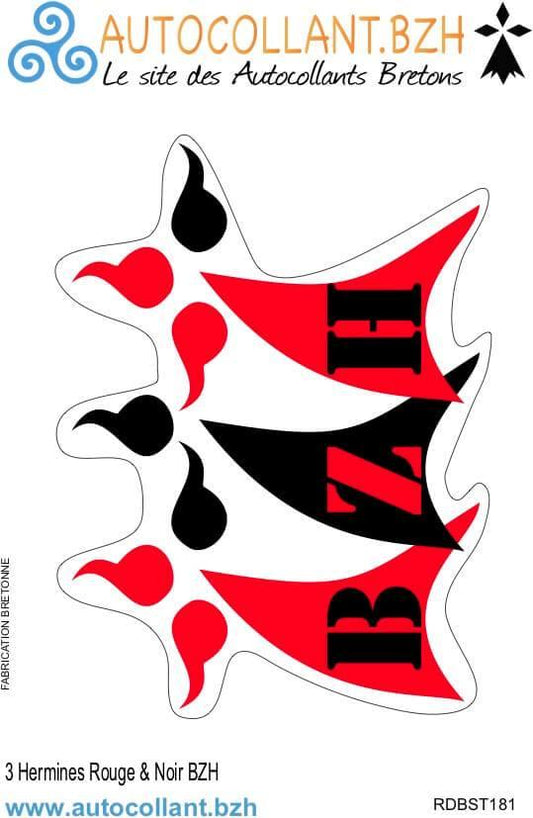 Autocollant Breton 3 Hermines BZH Rouge & Noir - Autocollant BZH