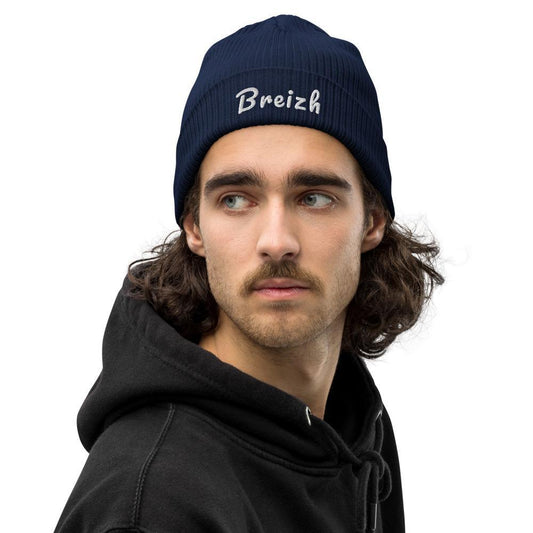 Bonnet Breton Beanie côtelé bio avec Breizh Brodé Blanc - Autocollant BZH