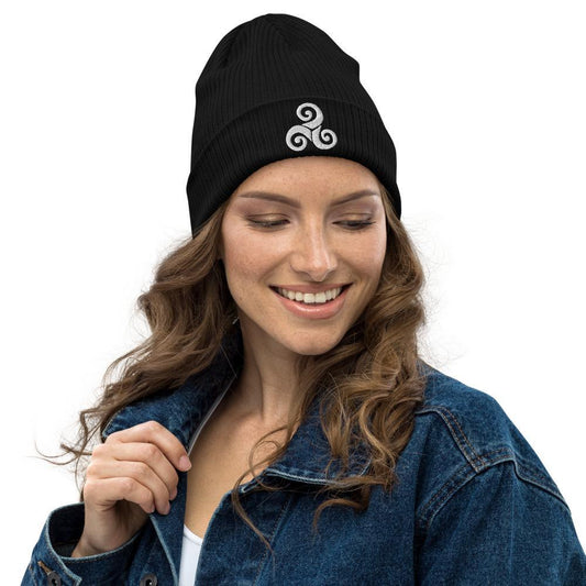 Bonnet Breton Beanie côtelé bio avec Triskell Brodé Blanc - Autocollant BZH
