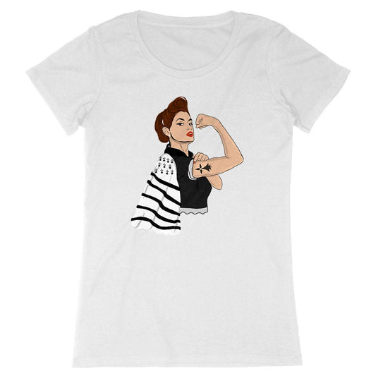 Tee-shirt Breton Femme Bretonne PowerFul 100 % Coton Bio - Autocollant BZH
