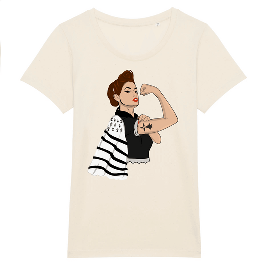 Tee-shirt Breton Femme Bretonne PowerFul 100 % Coton Bio - Autocollant BZH