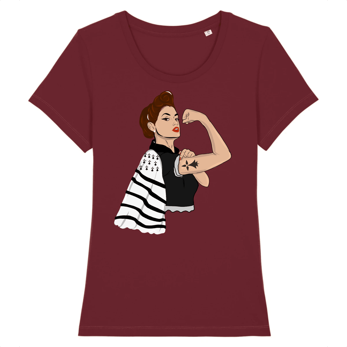 Tee-shirt Breton Femme Bretonne PowerFul 100 % Coton Bio - Autocollant BZH