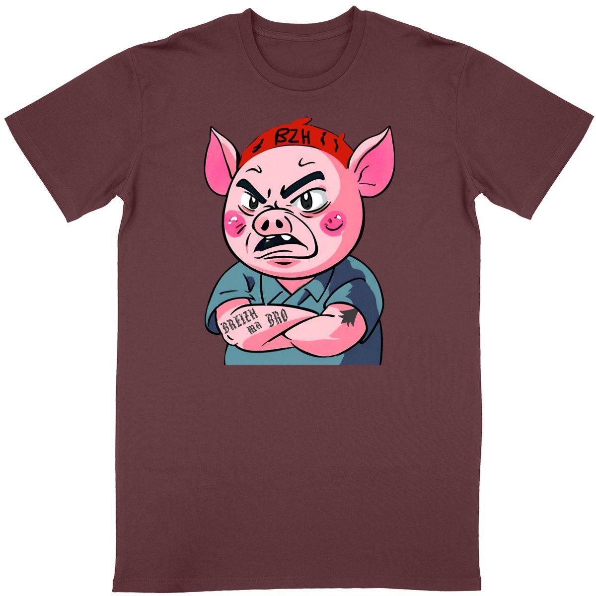 Tee-shirt Cochon Breton en colère Breizh Ma Bro - 100% coton biologique - Top qualité - Autocollant BZH