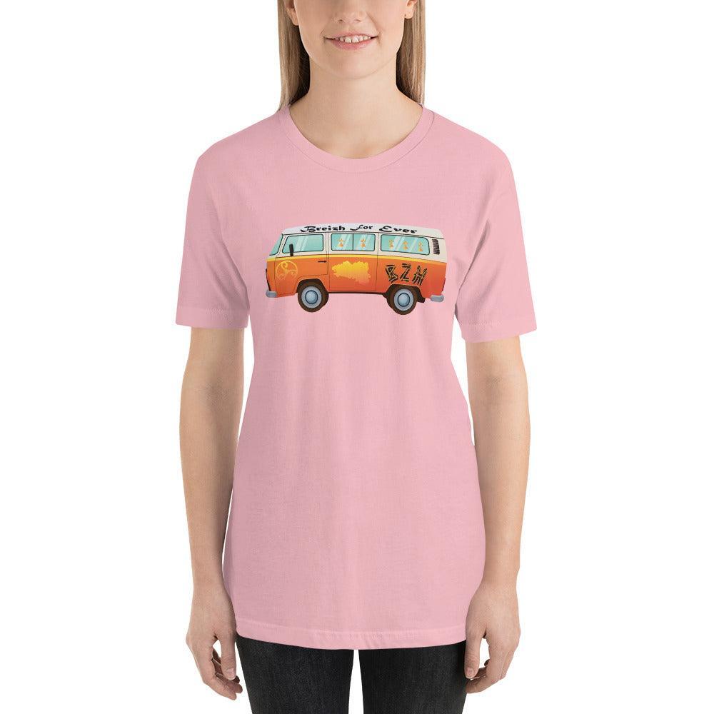 Tee-shirt en coton bio unisexe Hippie Bus Breizh For Ever - Autocollant BZH