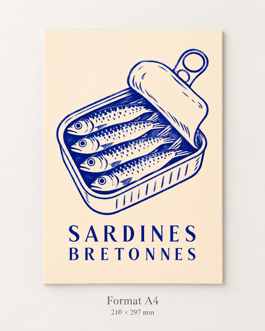 Affiche Sardines Bretonnes – Déco marine vintage A4 et A3