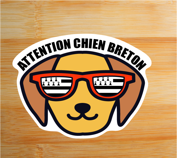 Autocollant Attention Chien Breton - lunettes et drapeau breton - 10x7,6 cm