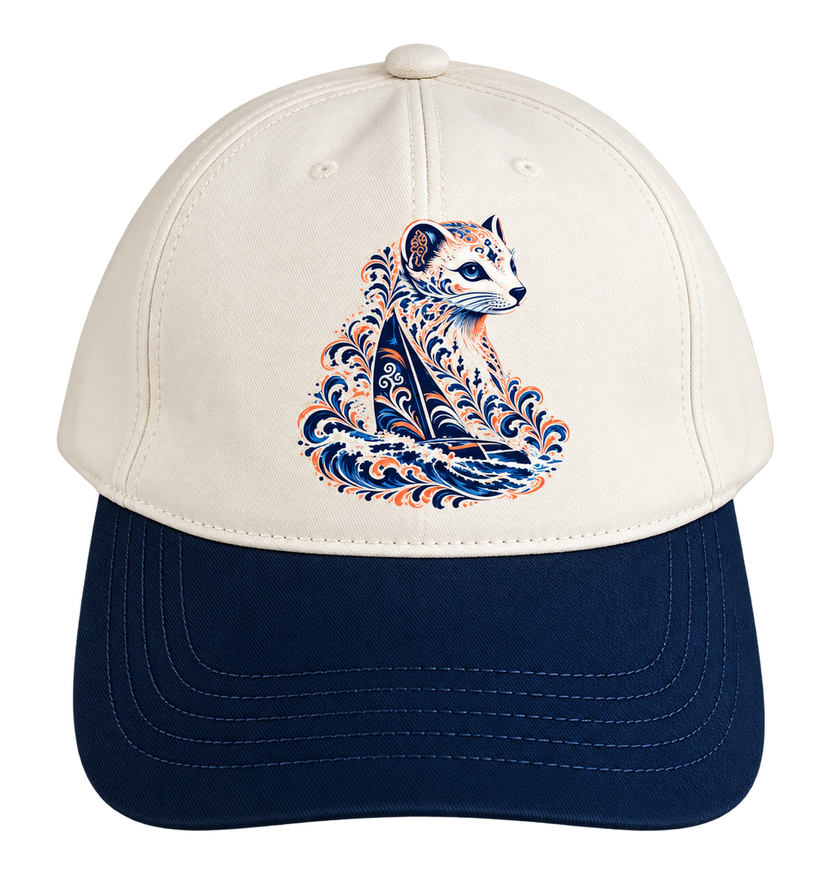 Casquette Hermine Nautique beige et bleu marine avec illustration d'une hermine bretonne, d'un voilier et de vagues.