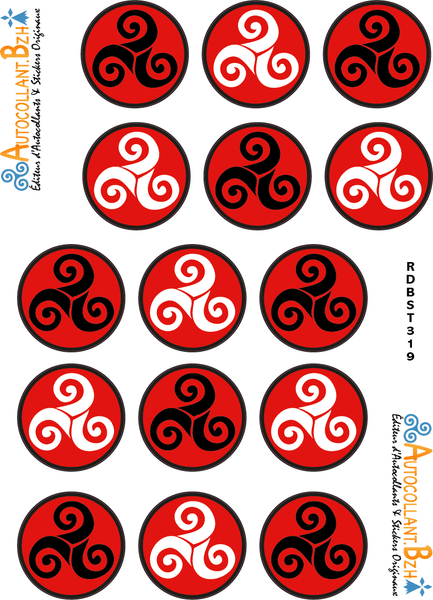 Planche d'autocollants ronds Triskell - 15 stickers bretons 3,5 cm (rouge/noir et rouge/blanc)