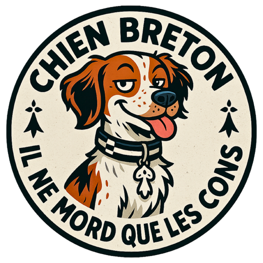 Autocollant rond "Chien Breton – Il ne mord que les cons"