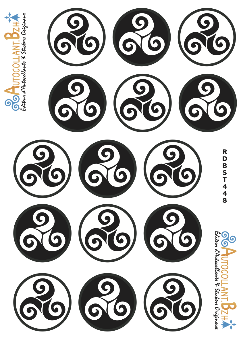 Planche d'autocollants ronds Triskell - 15 stickers bretons 3,5 cm (Blanc/noir et Noir/blanc)