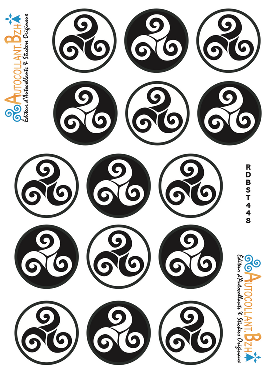 Planche d'autocollants ronds Triskell - 15 stickers bretons 3,5 cm (Blanc/noir et Noir/blanc)
