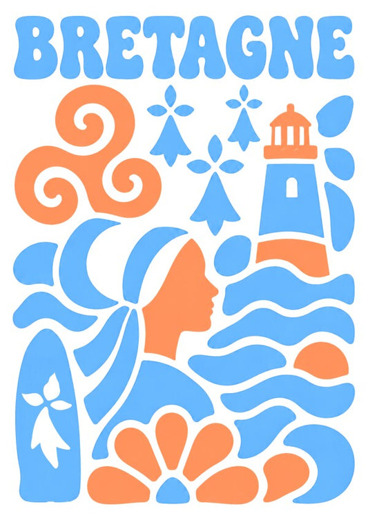 Affiche Éclats de Bretagne avec triskell, phare, hermines, vagues et silhouette bretonne en bleu et orange.