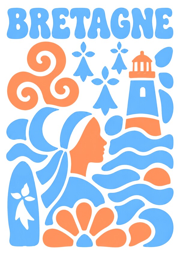 Affiche Éclats de Bretagne avec triskell, phare, hermines, vagues et silhouette bretonne en bleu et orange.