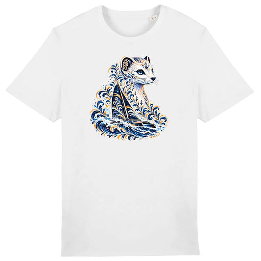 T-shirt Hermine Nautique en coton biologique, blanc, avec illustration d'une hermine stylisée, d'un voilier et de vagues bretonnes.