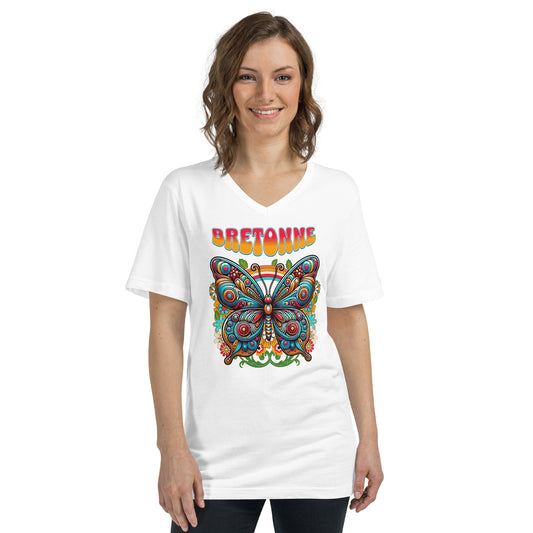 Tee-shirt Femme à Manches Courtes et Col V - Bretonne et Papillon New Age Hippie