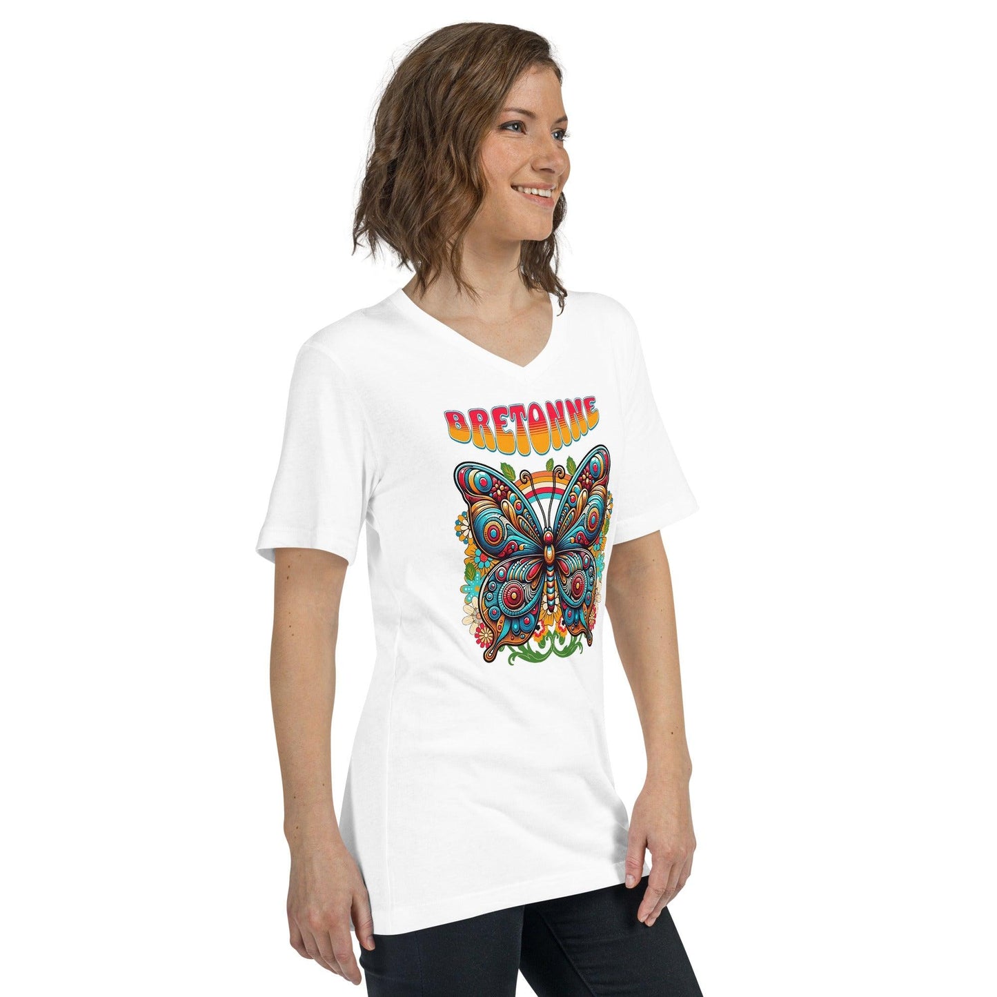 Kurzärmliges Damen-T-Shirt mit V-Ausschnitt – Bretonischer und New-Age-Hippie-Schmetterling
