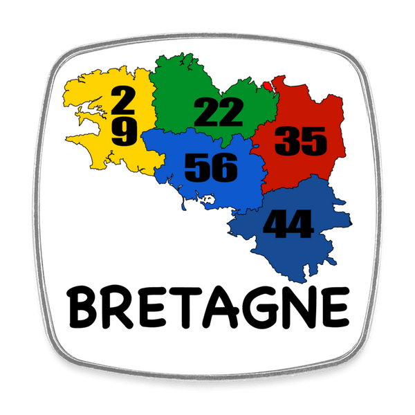 Magnet carré métal Carte de Bretagne avec 5 Départements en couleurs - Bords métalliques argentés - 58 x 58 mm - Autocollant BZH