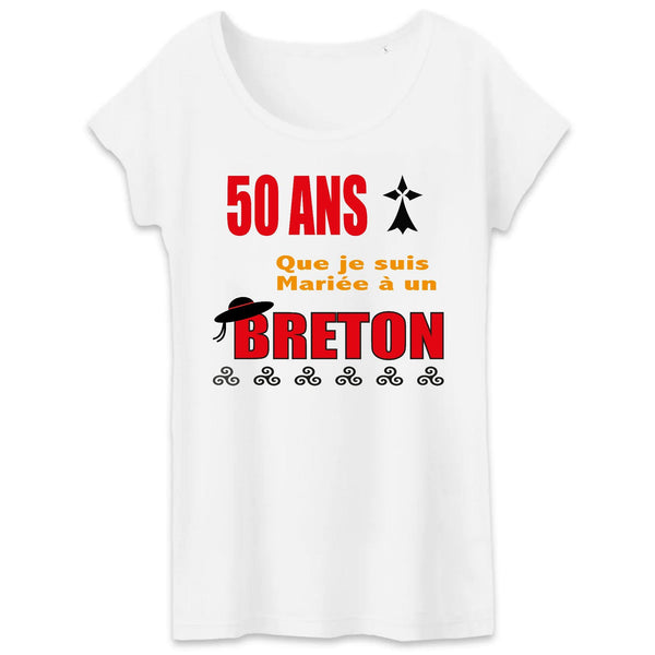 T-Shirt Bretonne Anniversaire de Mariage 5O ANS Rouge & Noir pour Femme enBlanc