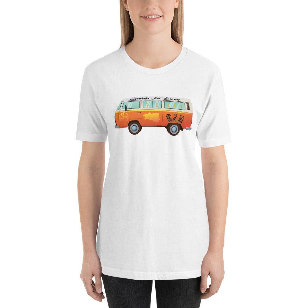 Tee-shirt en coton bio unisexe Hippie Bus Breizh For Ever - Autocollant BZH